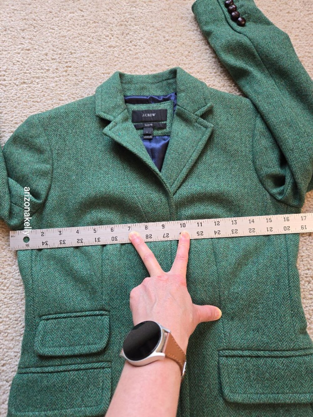 NWOT J. Crew Hacking Blazer Jacket 100% Wool Herringbone Green Leather Buttons 0 - Picture 9 of 16